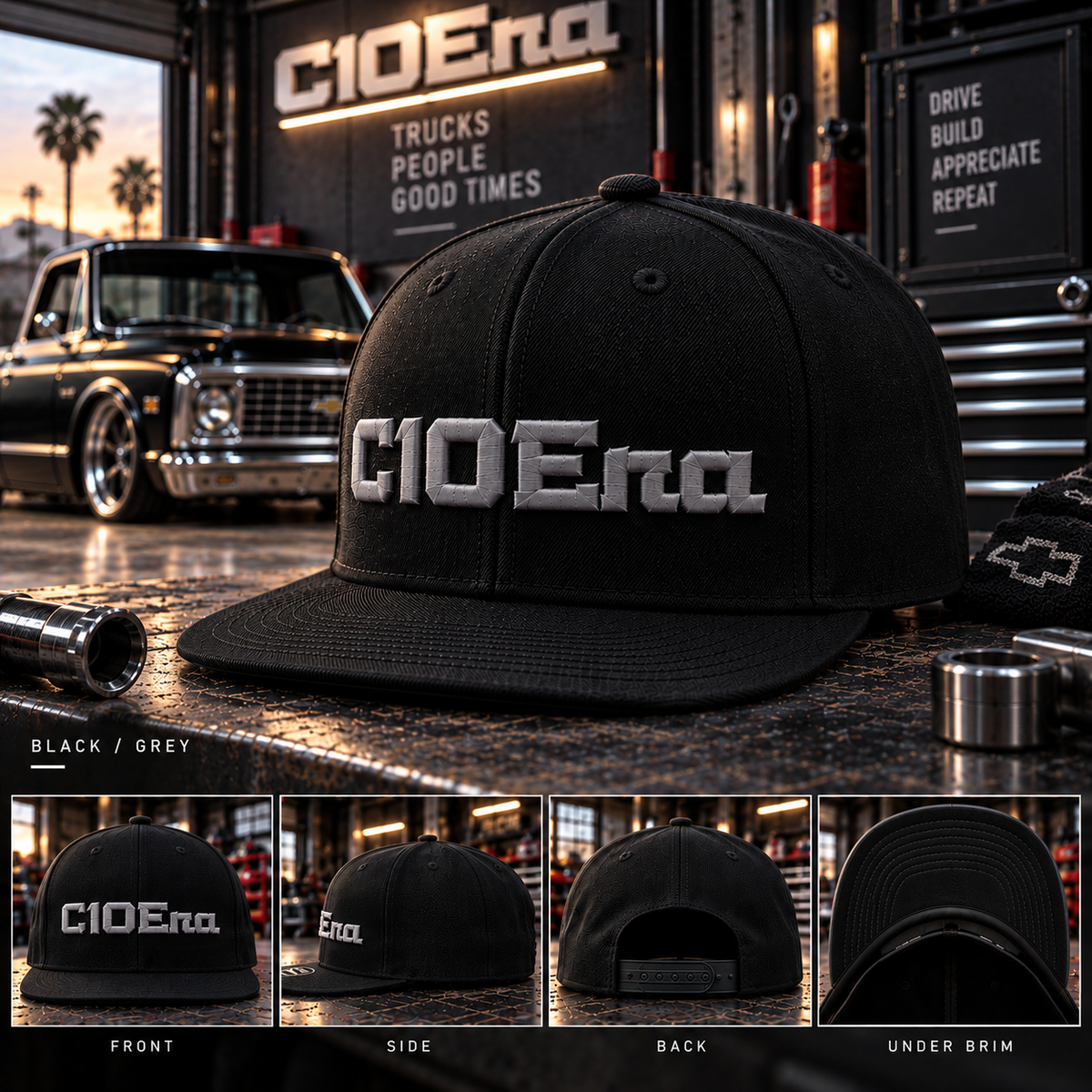 A black flat-brim cap with large silver 'C10Era' lettering on the front, shown prominently in a garage-style setting with a car and toolboxes in the background. Smaller front, side, back, and under-brim views appear along the bottom with labels.