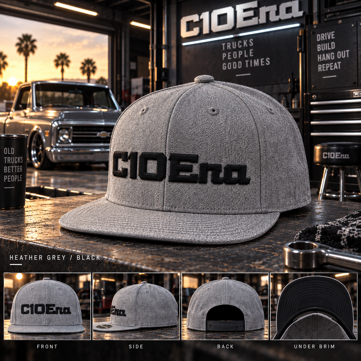 A heather grey snapback cap with black C10Ena embroidery on the front, displayed in a garage setting with a vintage car in the background. Four smaller panels at the bottom show the front, side, back, and under-rim views of the cap.
