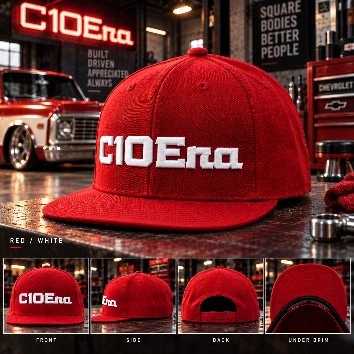 A red flat-brim baseball cap with large white 'C10Era' lettering on the front, shown prominently in a garage-style setting with a red classic car and workshop equipment in the background. Four smaller view panels along the bottom show the front, side, back, and under-rim views of the cap.