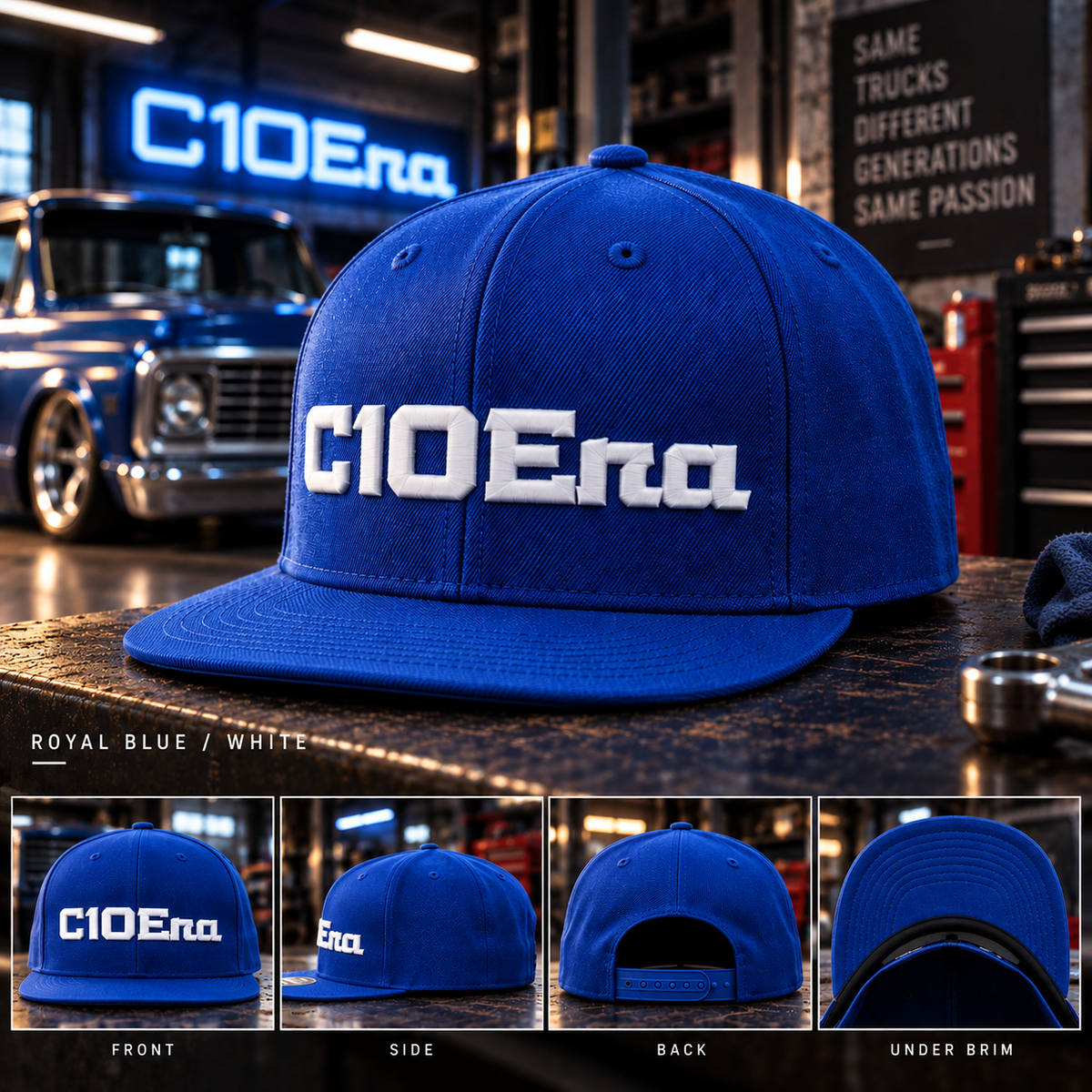 A royal blue flat-brim baseball cap with raised white embroidered 'C10Era' lettering, shown prominently in a garage setting with a blue classic car in the background. Four smaller views along the bottom show the front, side, back, and under-rim views of the cap.